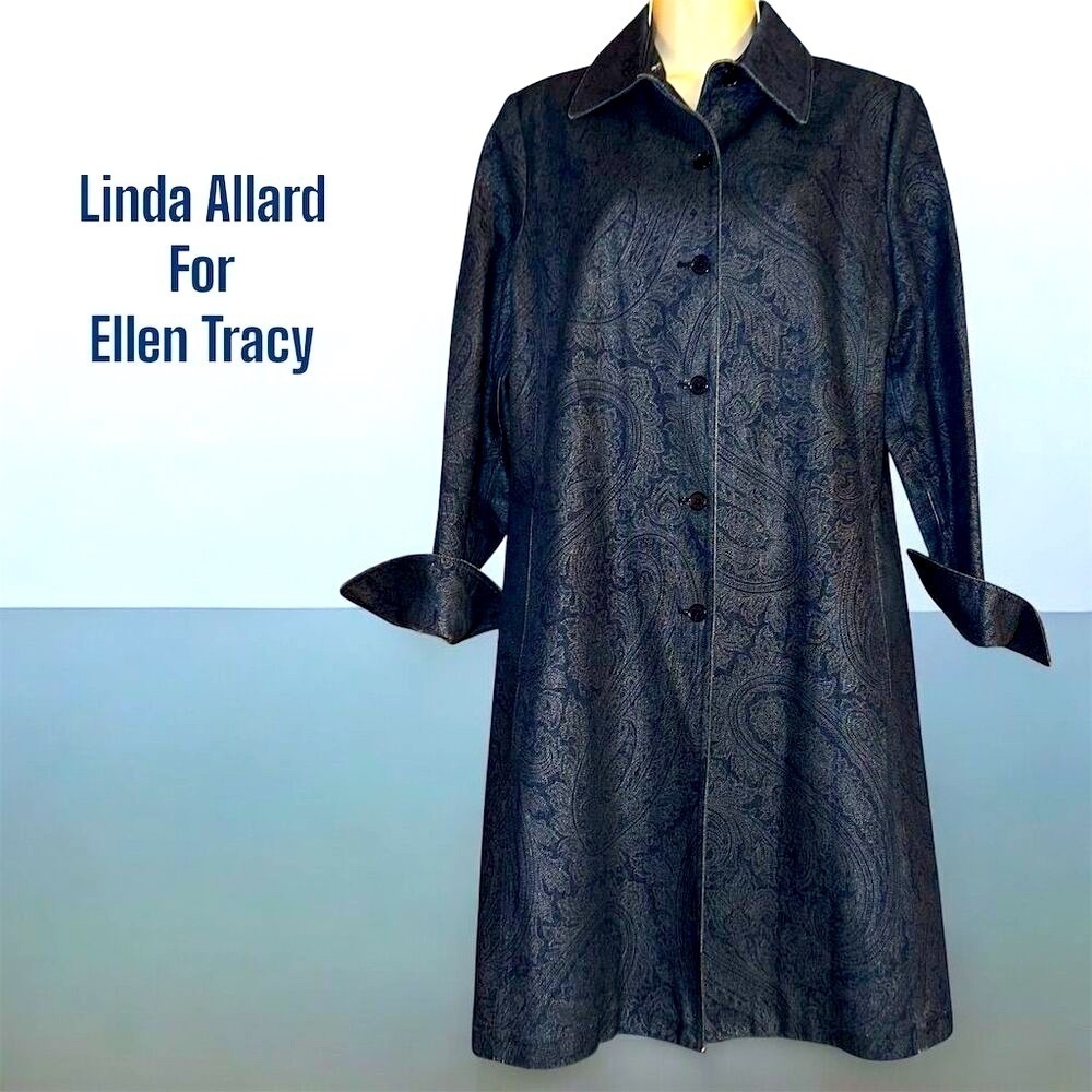 Linda Allard Ellen Tracy Blue Cotton Denim Jacquard Paisley Denim Trench Coat